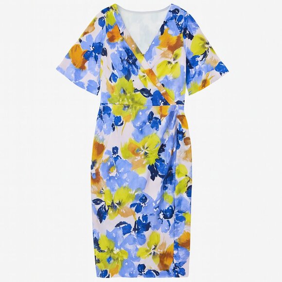 Maggie London Faux Wrap Floral Midi Dress – Flutter Sleeves Size 6 Wedding Guest - Picture 1 of 8
